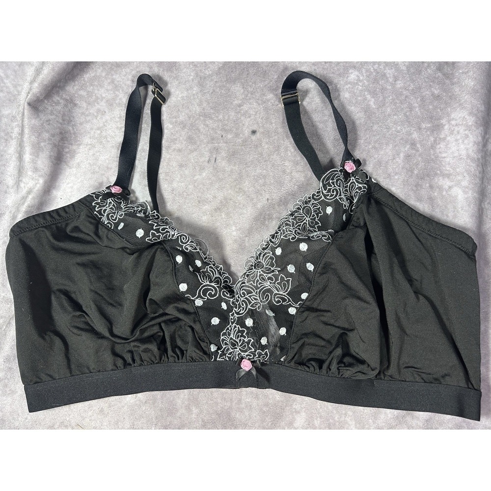 Cacique 44DDD Black Wire Free Bra Lace Polka Dot Full Coverage Comfort Soft